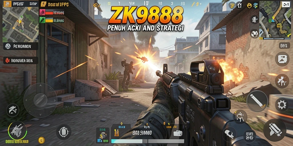 Screenshot utama ZK988 menampilkan aksi menembak intens dan grafis yang menakjubkan.